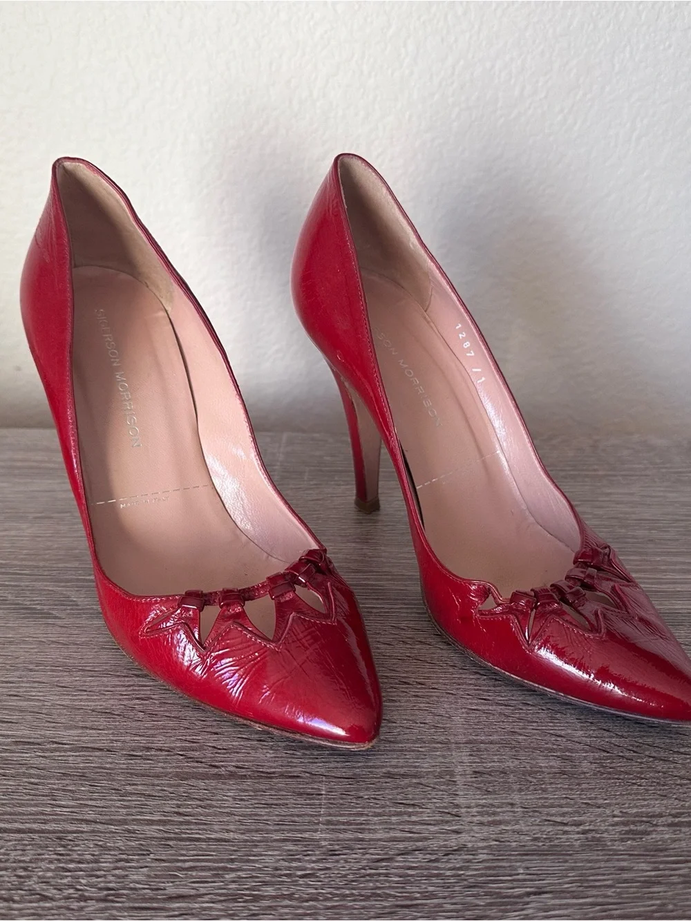 Vintage Sigerson Morrison Size 6.5 Red Patent Leather Pointed Toe Stiletto Heels